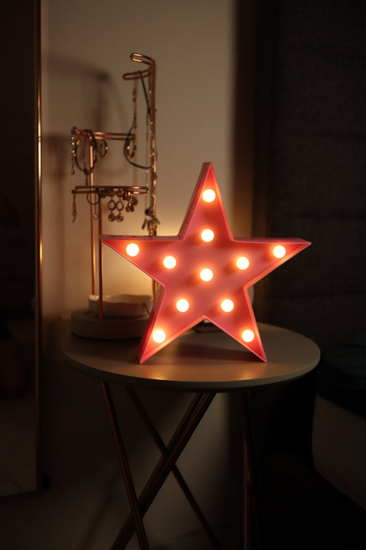 LED Star Sign Light, Warm White LED Lamp For Living Room & Bedroom, Table & Wall Christmas Decoration for Kids & Adults - Battery Powered - Pink