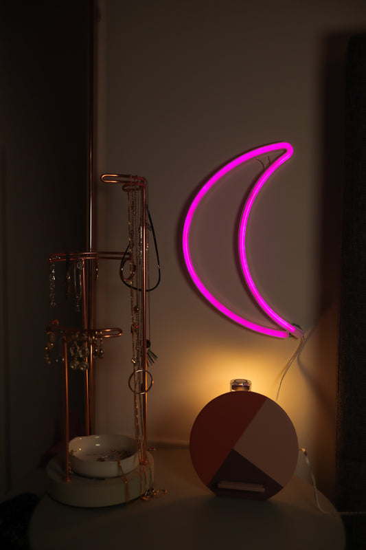 MOON Neon LED Light, MOON Neon LED Lamp For Living Room & Bedroom, Table & Wall Christmas Decoration for Kids & Adults - Battery Powered - PINK Colour